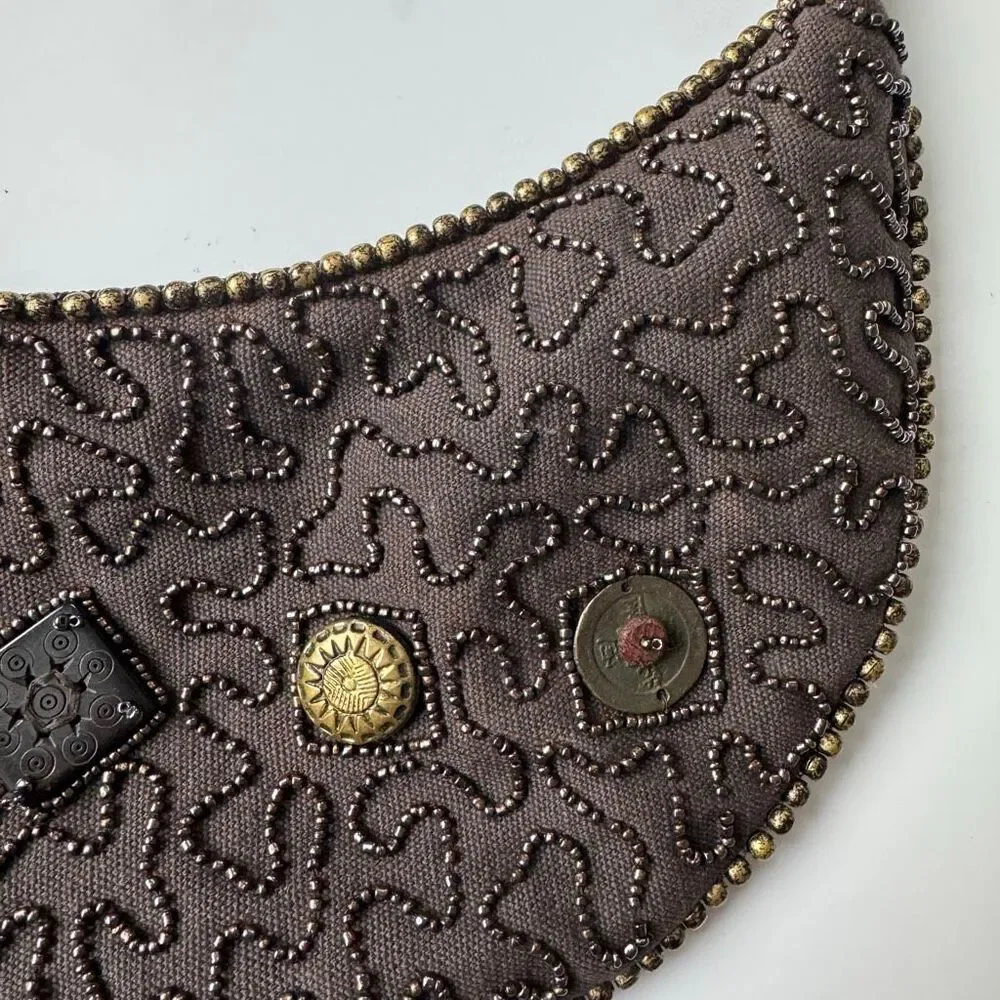 Beaded Made In India Brown Crescent Mini Shoulder Bag Party Purse Zipper Y2K